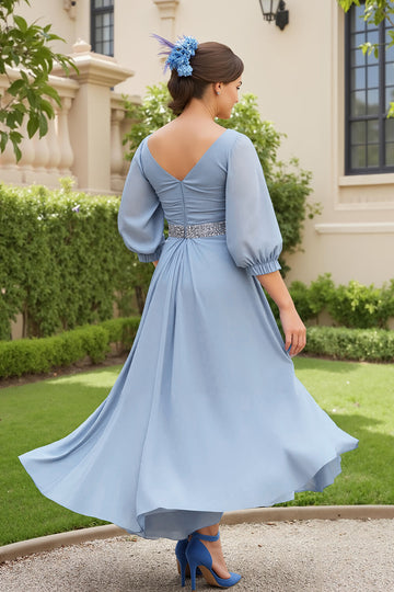 Dusty Blue A Line 3/4 Sleeve Chiffon Wedding Guest Dress with Beading